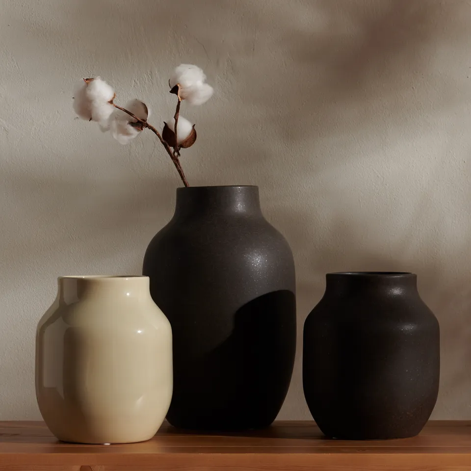 Raya Ceramic Vase, Set Of 3 - Charcoal / Beige