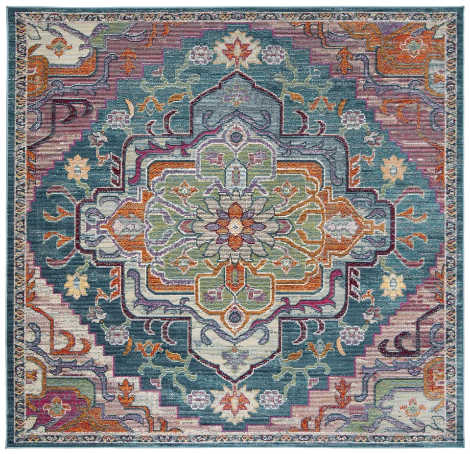 Arlo Home Woven Area Rug, CRS501T, Teal/Rose,  7' X 7' Square