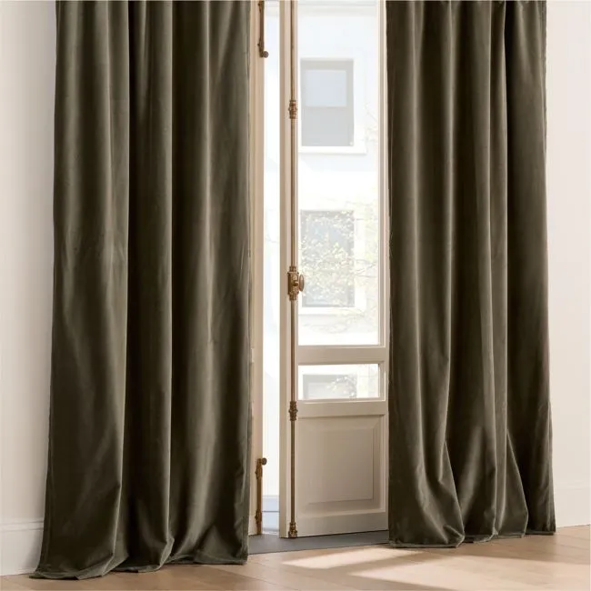 Olive Green Organic Cotton Velvet Window Curtain Panel 48"x120"