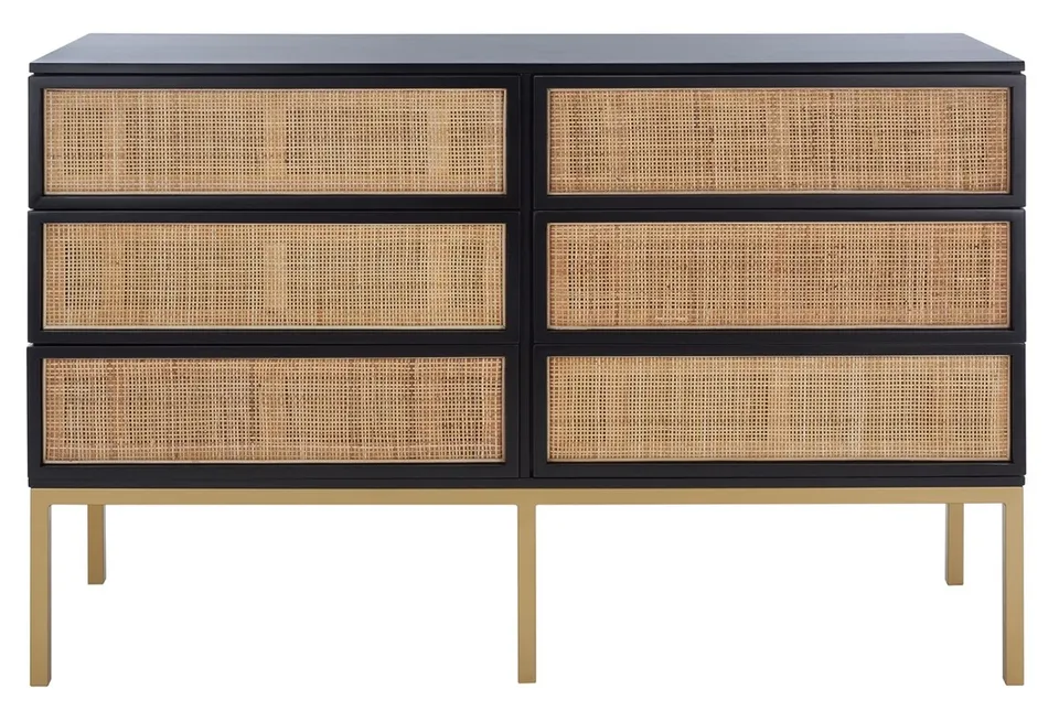 Zadie 6 Drawer Rattan Dresser - Black / Gold
