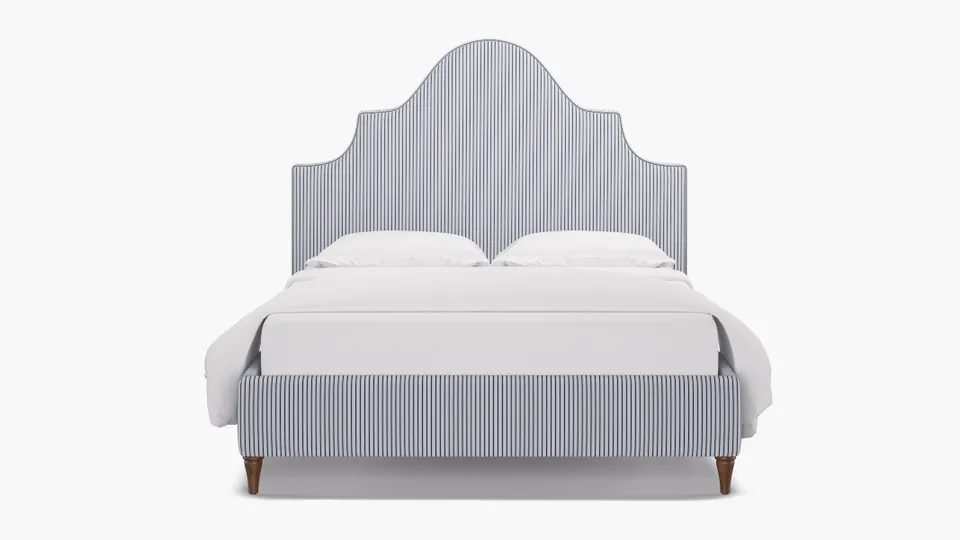 Statement Bed, Navy Classic Ticking Stripe, Walnut Decorative Tapered Leg, Queen