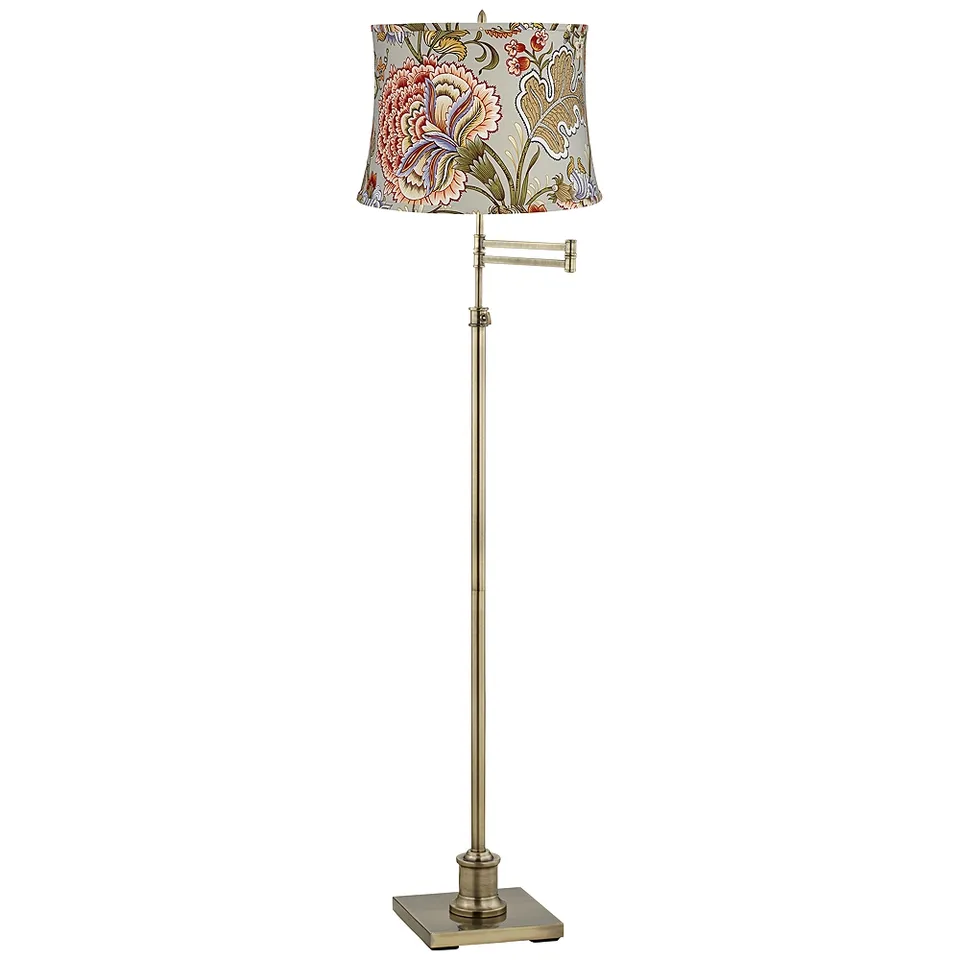 Regency Hill Westbury Sage Flower Shade Brass Swing Arm Floor Lamp
