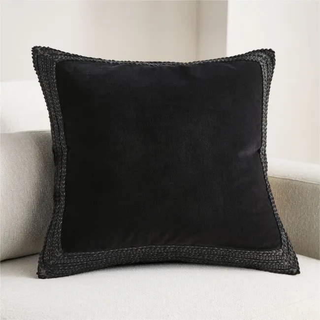 Braided Velvet Border 23"x23" Ink Black Throw Pillow Cover with Feather Insert