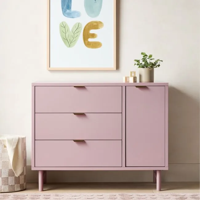 Classic 44" Lilac Rose Wood 3-Drawer Kids Dresser with Door