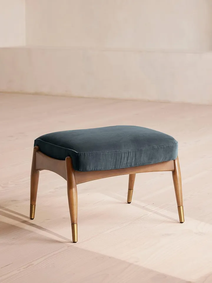 Theodore Oak Footstool, Velvet, Grey Blue, US