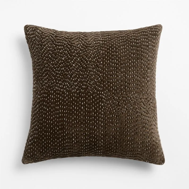 Sashiko Organic Cotton Velvet 20"x20" Deep Brown Throw Pillow Cover with Feather Insert