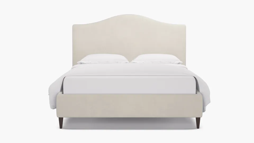 Camelback Bed, White Performance Velvet, Espresso Square Tapered Leg, Full