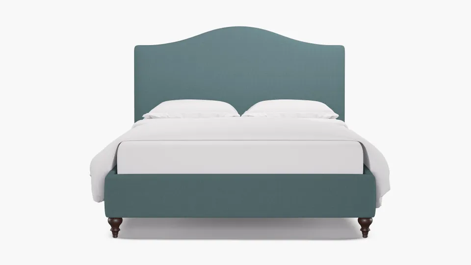 Camelback Bed, Seaglass Everyday Linen, Espresso Traditional Turned Leg, Full