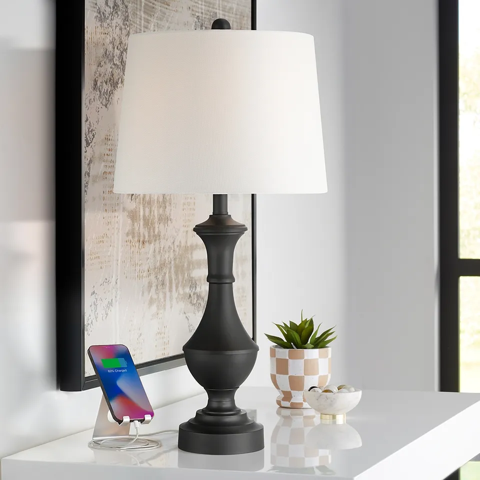 Theo 27 1/4" High Black Metal Column Table Lamp with Dimmer
