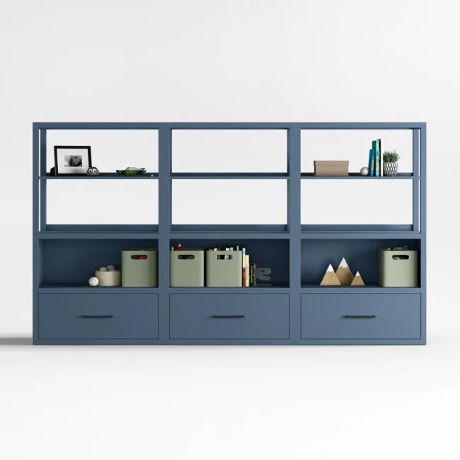 Ever Simple 108" Set of 3 Modular Slate Blue Wood Kids Drawer Bookcases with Hutches