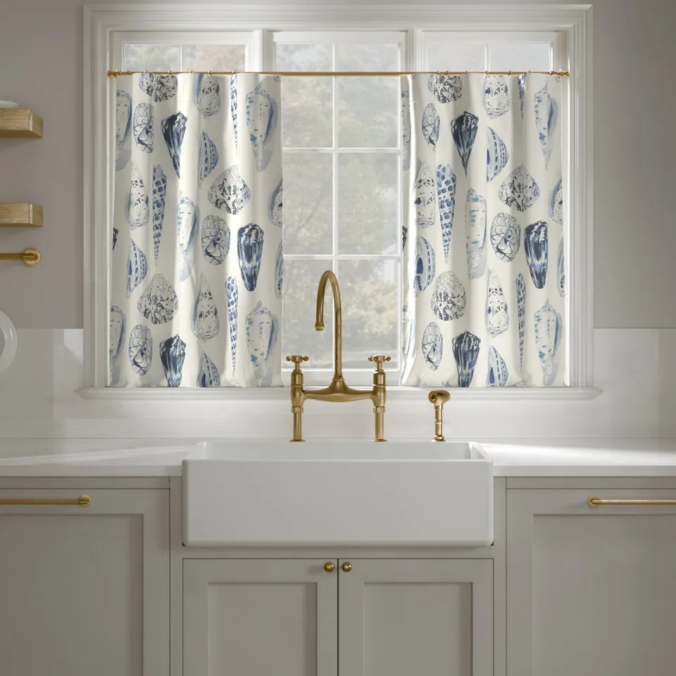 Printed Linen Café Curtain, Porcelain Coquina, 25" x 36", Unlined