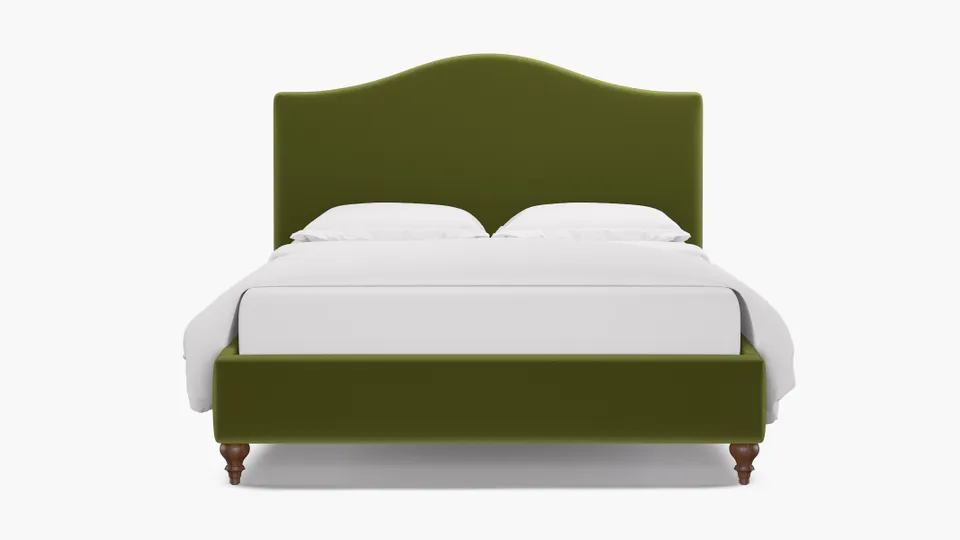 Camelback Bed, Sage Performance Velvet, Walnut Traditional Turned Leg, Queen