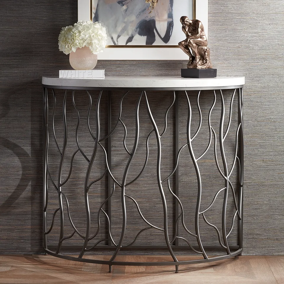 Twilight Faux Marble Top Bronze Demilune Console Table