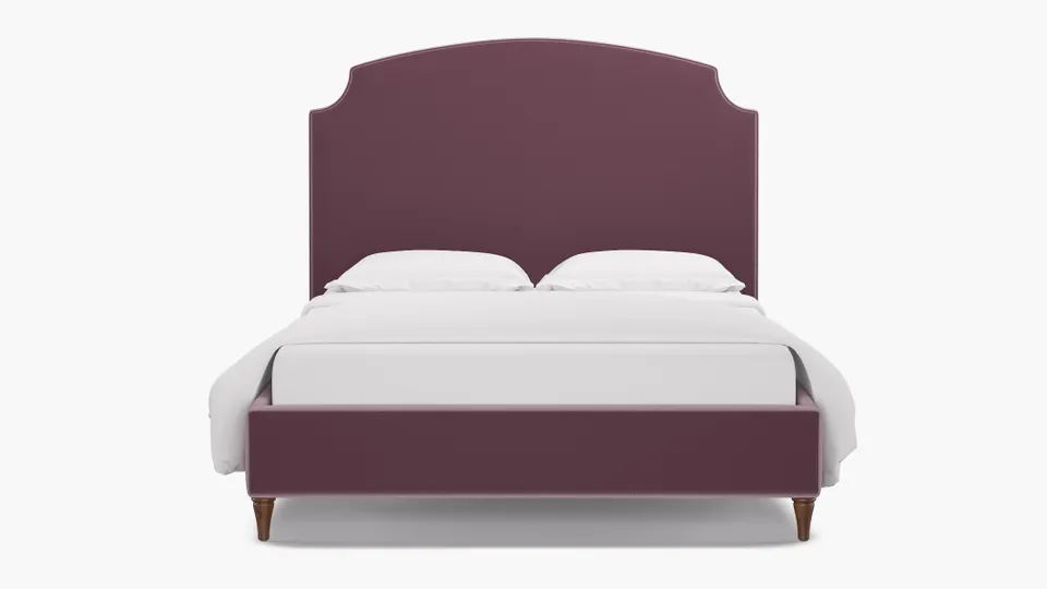 Cove Bed, Lavender Performance Plush Velvet, Walnut Decorative Tapered Leg, Queen