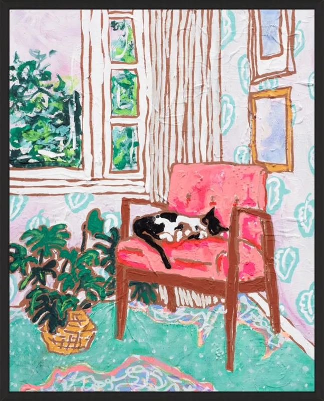 Cat Nap: Tuxedo Cat Napping in Mid-Century Chair by Lara Lee Meintjes for Artfully Walls