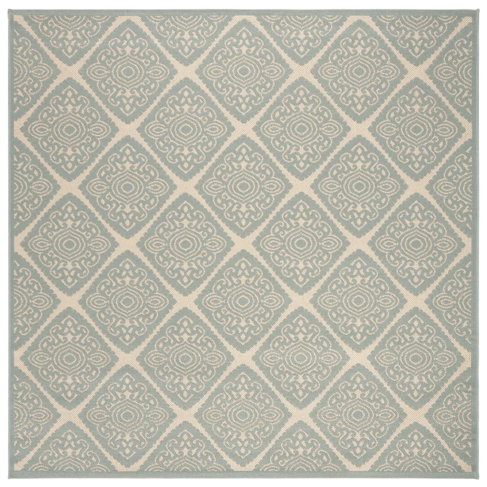 Arlo Home Indoor/Outdoor Woven Area Rug, LND132L, Cream/Aqua,  6' 7" X 6' 7" Square