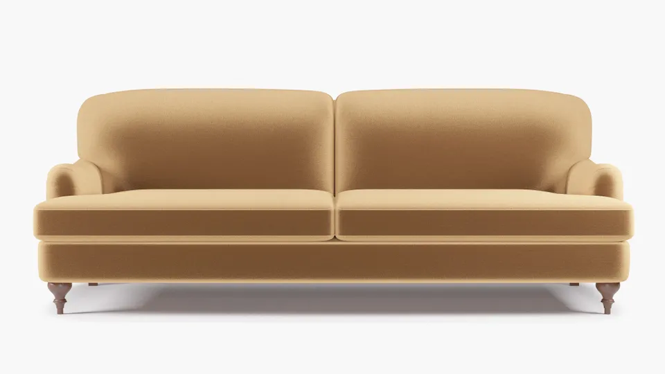 English Roll Arm Sofa, Fawn Performance Velvet, Walnut Turned Wood Leg
