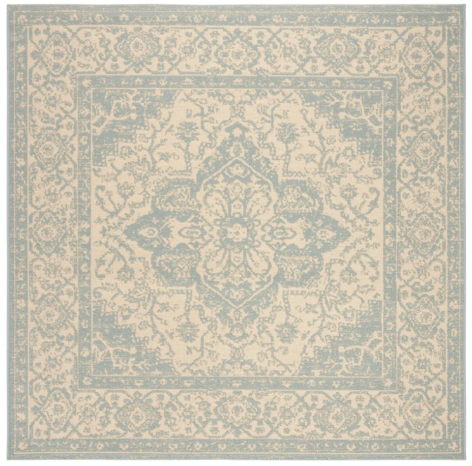 Arlo Home Indoor/Outdoor Woven Area Rug, LND137L, Cream/Aqua,  6' 7" X 6' 7" Square