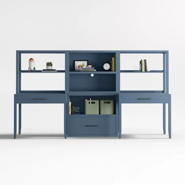 Ever Simple 108" Set of 2 Modular Slate Blue Wood Kids Desks with Drawer Bookcase