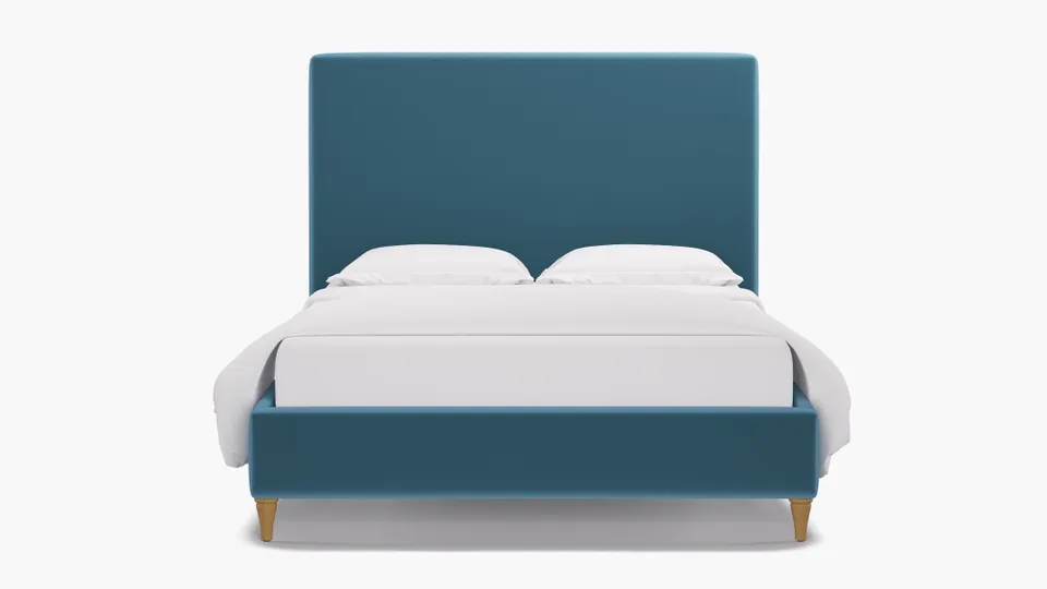 Classic Bed, French Performance Plush Velvet, Walnut Decorative Tapered Leg, Twin
