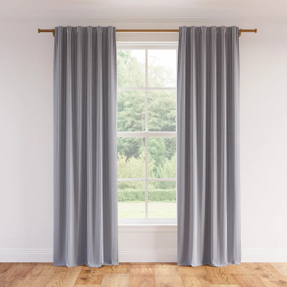 Printed Linen Curtain, Navy Classic Ticking Stripe, 50" x 96", Unlined