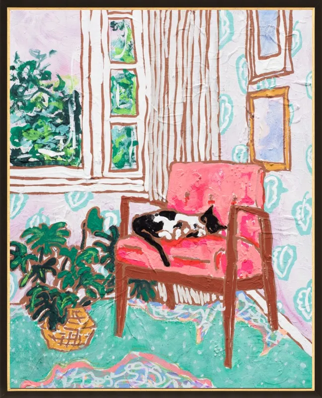 Cat Nap: Tuxedo Cat Napping in Mid-Century Chair by Lara Lee Meintjes for Artfully Walls