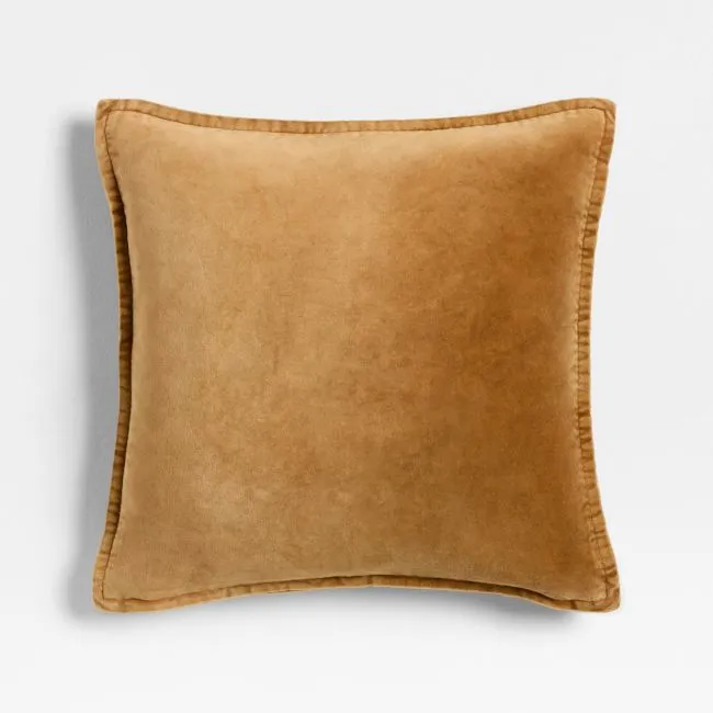 Relaxed Washed Organic Cotton Velvet 20"x20" Cognac Throw Pillow with Down-Alternative Insert