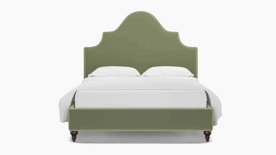 Statement Bed, Celadon Performance Plush Velvet, Espresso Traditional Turned Leg, King