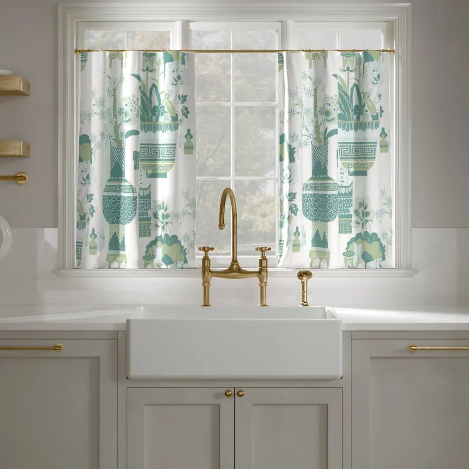 Printed Linen Café Curtain, Pistachio Kan-Shie, 25" x 24", Unlined