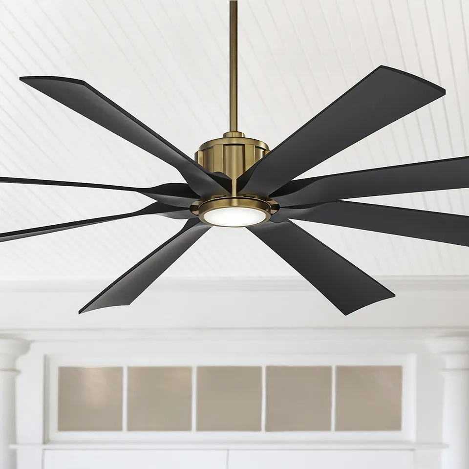 70" Possini Defender Soft Brass/Black Damp LED Ceiling Fan with Remote