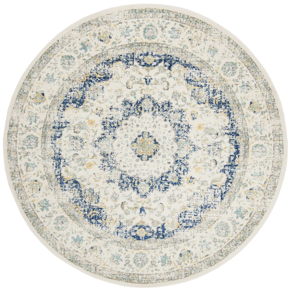 Arlo Home Woven Area Rug, EVK220C, Ivory/Blue,  5' 1" X 5' 1" Round