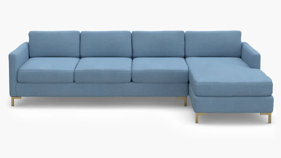 Modern Sectional, Right Facing, French Blue Everyday Linen, Brass L Leg