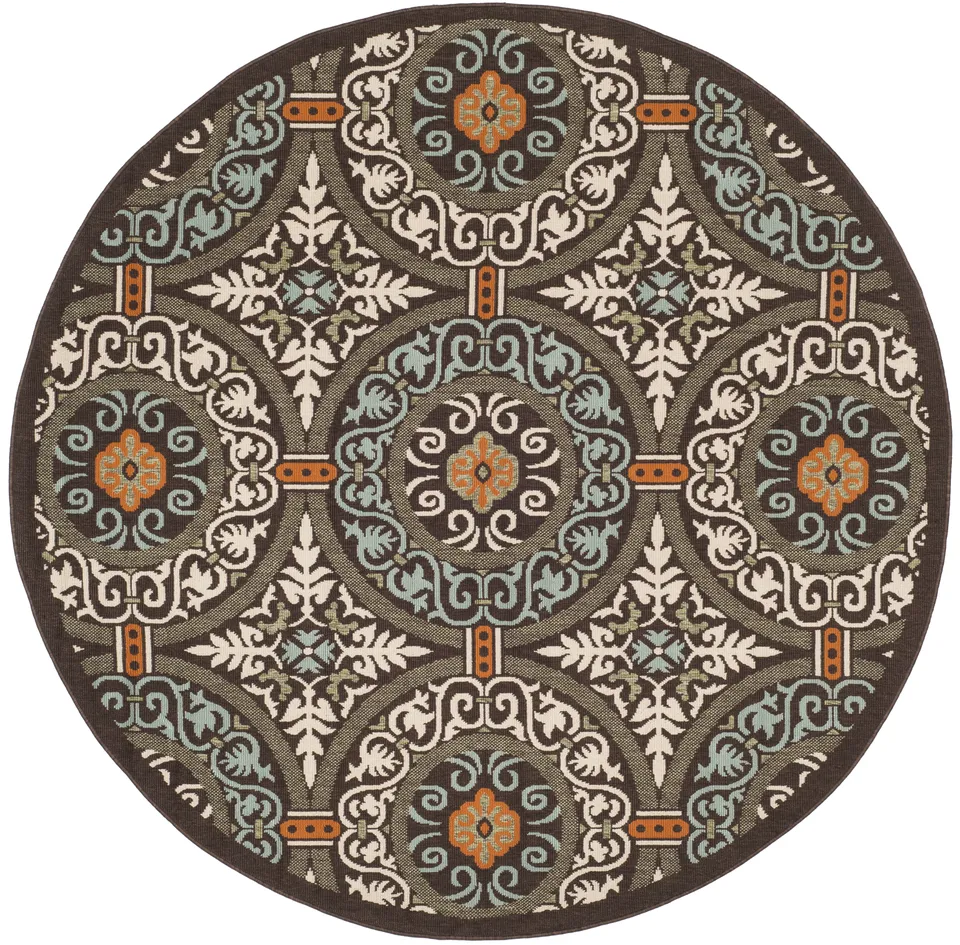 Arlo Home Indoor/Outdoor Woven Area Rug, VER055-0723, Chocolate/Aqua,  6' 7" X 6' 7" Round