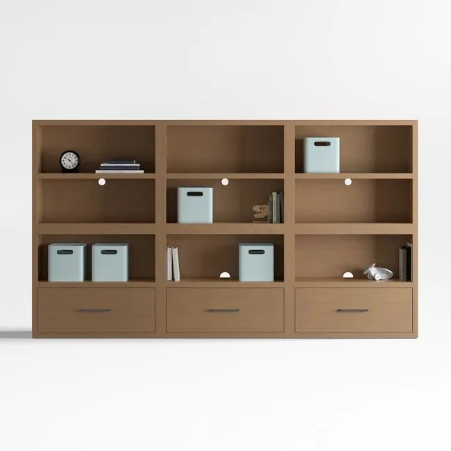 Ever Simple 108" Set of 3 Modular Natural Brown Wood Kids Open Bookcases with Drawers