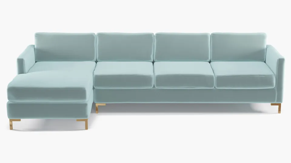 Modern Sectional, Left Facing, Spa Performance Plush Velvet, Brass L Leg