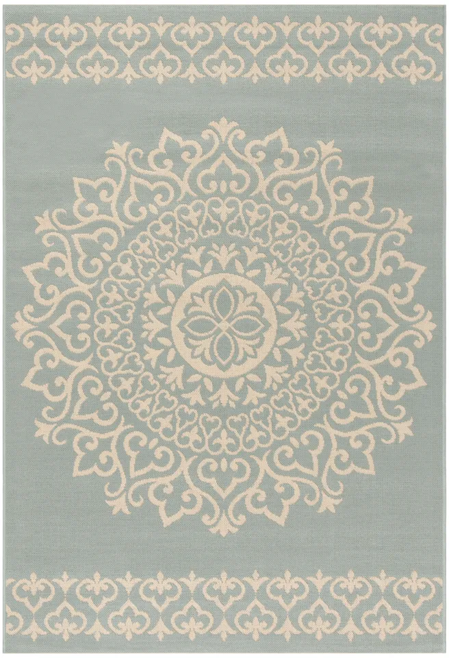 Arlo Home Indoor/Outdoor Woven Area Rug, LND183L, Cream/Aqua,  5' 1" X 7' 6"