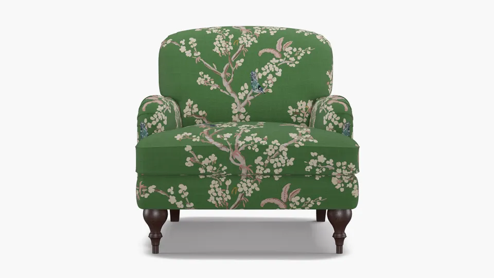 English Roll Arm Chair, Jade Cherry Blossom, Espresso Turned Wood Leg