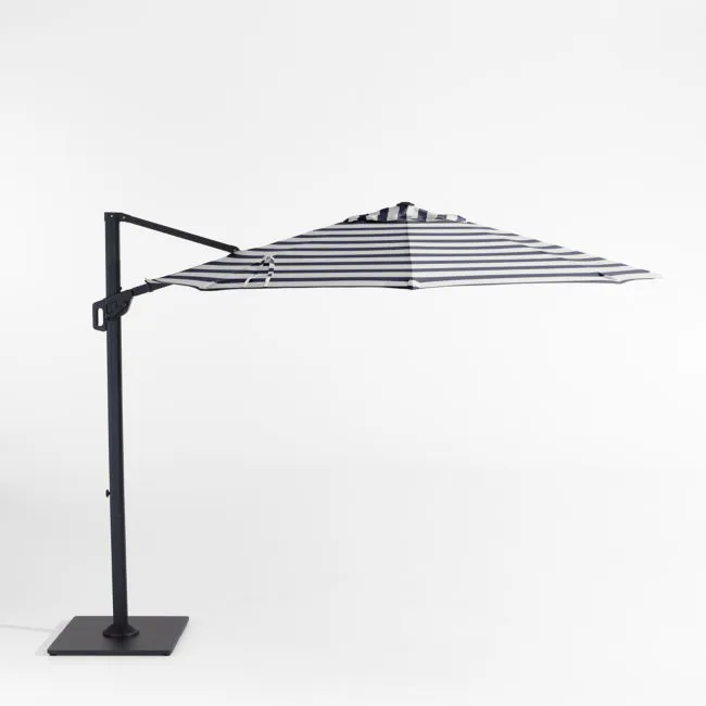 10' Round Sunbrella® Navy and White Cabana Stripe Cantilever Outdoor Patio Umbrella with Black Metal Frame