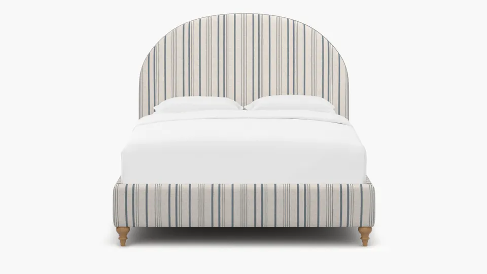 Demilune Bed, Blue Market Stripe, Natural Traditional Turned Leg, Queen