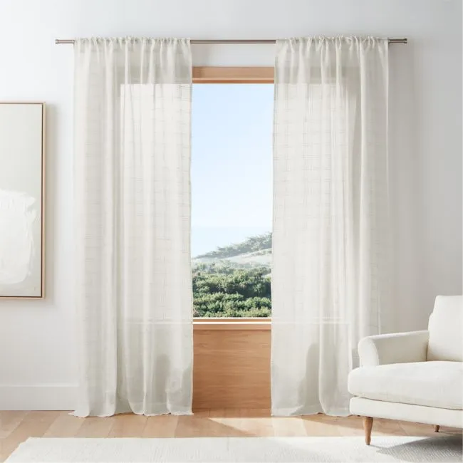 Briza Ivory Windowpane European Flax ™-Certified Linen Sheer Window Curtain Panel 52"x96"