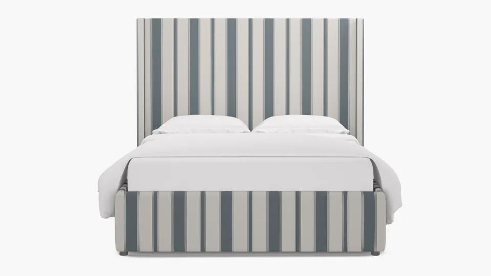 Modern Wingback Bed, French Blue Clarence Stripe, King