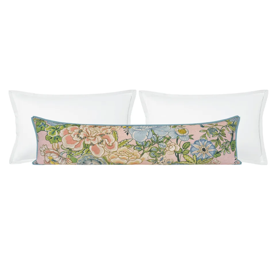 THE XL LUMBAR :: PEONY GARDEN // BLUSH | THIBAUT - 14" X 48" / BUTTERFLY FLANGE / Hydrangea Blue