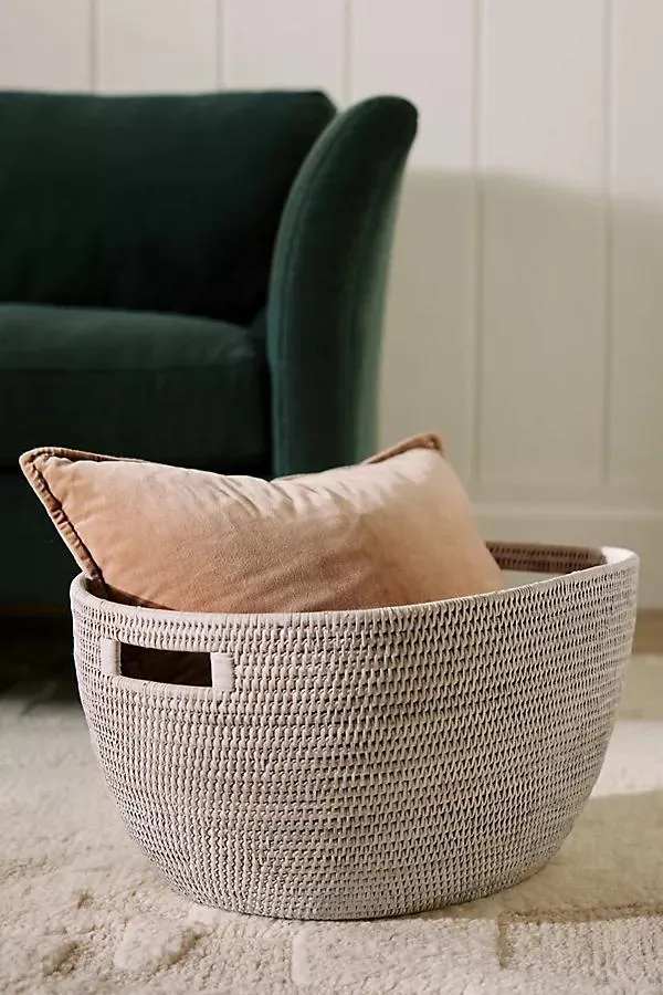 Handwoven Rattan Laundry Basket with Cutout Handles