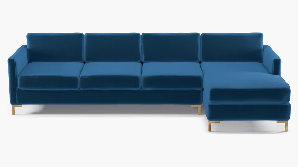 Modern Sectional, Right Facing, Royal Performance Velvet, Brass L Leg