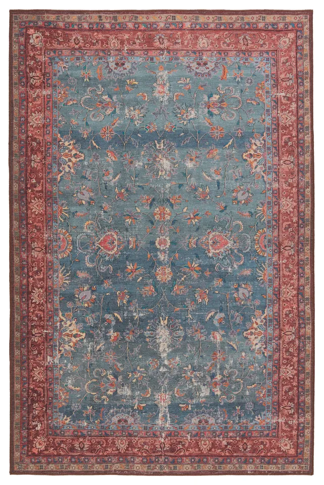 Kate Lester + Yasha Floral Blue/ Red Area Rug (5'X7'6")