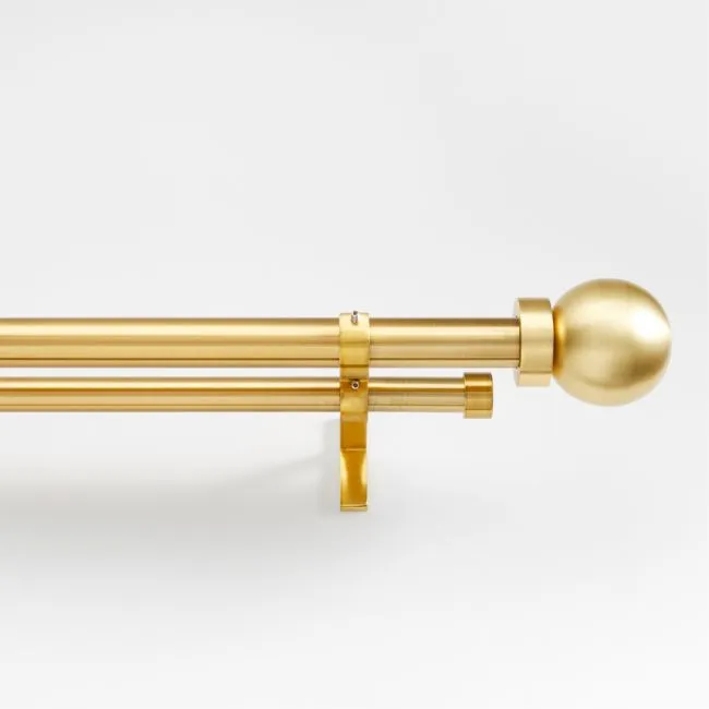 Brass 1" Double Curtain Rod and Large Round End Cap Finials Set 88"-120"