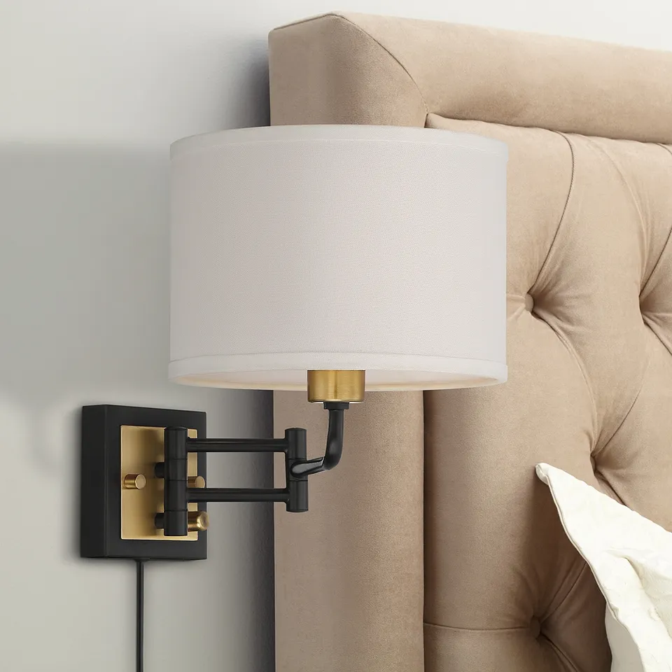 360 Lighting Joelle Black and Antique Brass Swing Arm Plug-In Wall Lamp