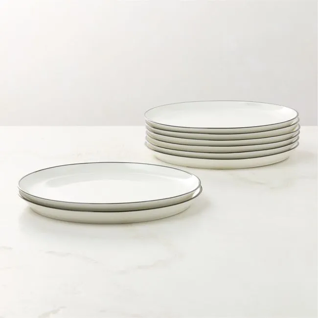 Contact White Ceramic Dinner Plates Black Rim Set of 8