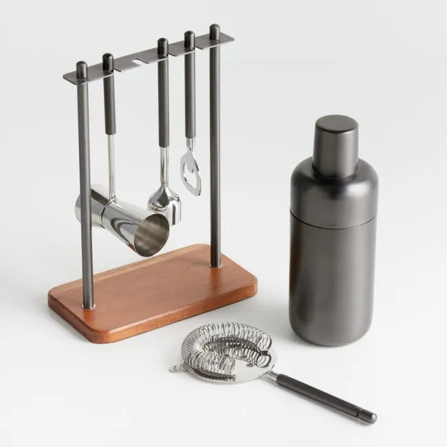 Fenton Graphite and Wood Bar Tool Set with Cocktail Shaker