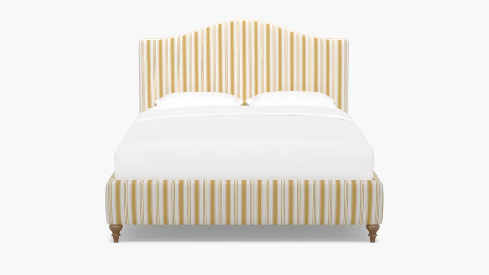 Camelback Bed, French Yellow Regency Stripe, Natural Traditional Turned Leg, Queen